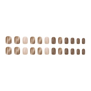 Short square press-on nails with brown cat-eye effect and beige gradient glitter finish