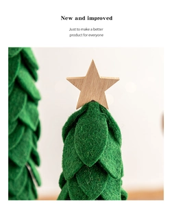 Close-up of felt Christmas tree ornament with a wooden star on a warm white background