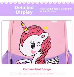 Close-up of the cute pink unicorn printed pattern on the durable toddler backpack