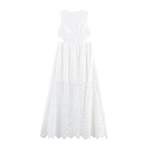 Französisches Elegantes Wasserlösliches Spitzenkleid Ärmelloses Maxikleid Rundhalsausschnitt Taillenausschnitt Wellensaum Kleid Damen