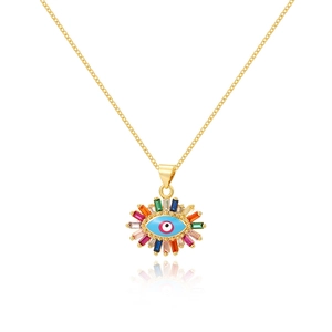 Macro shot of 18K gold evil eye pendant with multi-colored zircon stones and enamel
