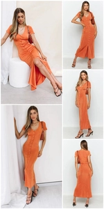 Collage of orange V-neck bodycon maxi dress with short sleeves and front slit details