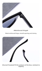 Detail view of reinforced metal hinges and ergonomic curved temples on black sunglasses