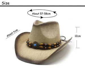 Western straw cowboy hat size guide showing 57-58cm circumference and 9cm wide brim
