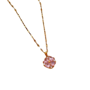 Elegant titanium steel gold necklace with a pink clover flower pendant for women