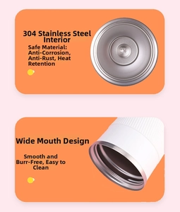 Detail of white stainless steel cup showing SUS 304 liner and wide mouth design