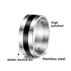 Minimalist 8mm silver stainless steel men's ring with black inlay and high polished finish