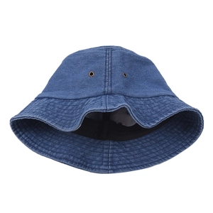 Classic blue denim bucket hat with metallic air vents and reinforced stitching