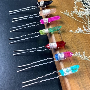 Handmade U-shaped crystal hair pins set with raw mineral stones and silver wire