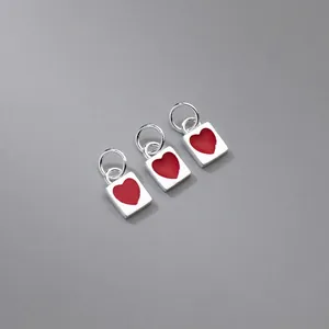 Ciondolo Quadrato a Cuore Rosso in Argento Sterling 925 Accessori per Creazione Gioielli DIY Charm a Cuore per Bracciale Collana