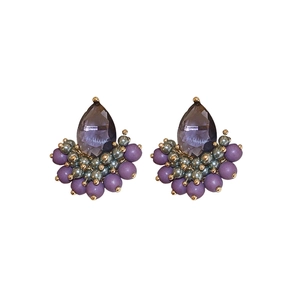 Vintage gold stud earrings featuring purple teardrop zirconia and colorful crystal beads