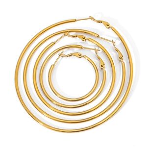 Set of four gold-plated stainless steel hoop earrings in various sizes on white background