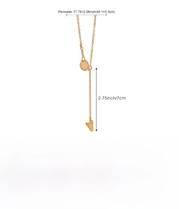 Detailed view of golden tennis racket pendant with dimensions and copper material specs