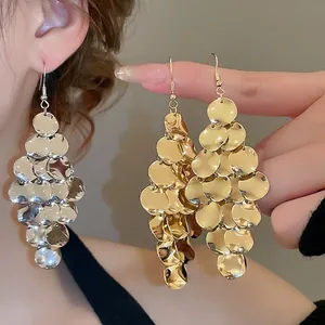 Multi Layer Metal Round Disc Dangle Earrings Sequin Fringe Long Scale Style Fashion Trendy For Women