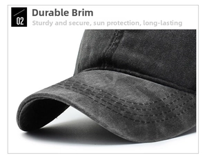 Macro shot of durable stitched brim on washed cotton baseball cap for sun protection