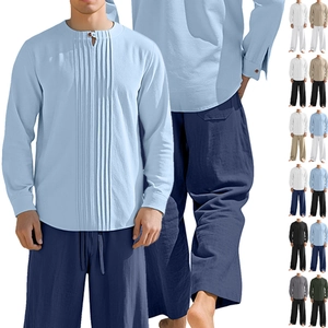 Tenues Décontractées Pour Hommes Texture Lin Plissée Chemise À Manches Longues Et Pantalon Large
