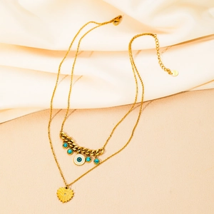 Collana a doppio strato in acciaio inossidabile dorato con malocchio e perline turchesi