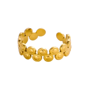Detailed view of adjustable golden ring with wave-like bubble texture and metallic finish