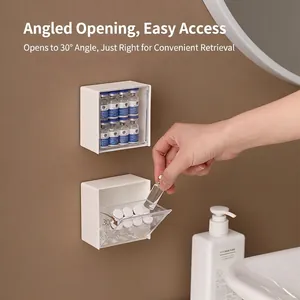 Wall-mounted white storage box with 30-degree tilted clear lid for bathroom organizers