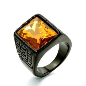 Men's vintage black stainless steel ring with square orange gemstone and Greek pattern