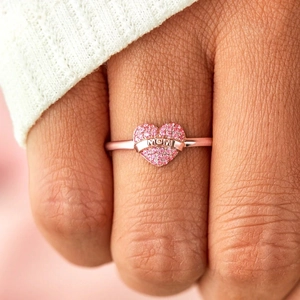 Pink heart ring with MOM engraving in rose gold finish for Mother's Day gift