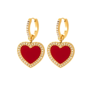French vintage titanium steel gold earrings with red pavé crystal heart pendants