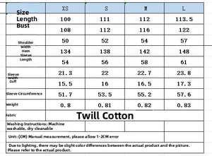 Tabella taglie dettagliata per trench lungo casual con misure da XS a L in CM
