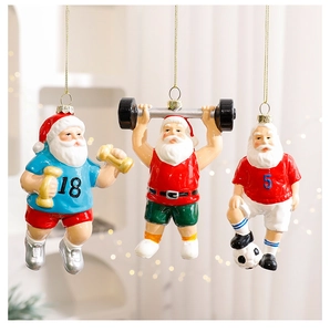 Three creative resin Santa Claus ornaments featuring weightlifting and soccer themes
