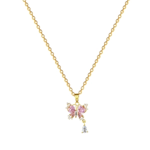 Collana con farfalla rosa in acciaio inossidabile dorato e gemma a goccia lucida