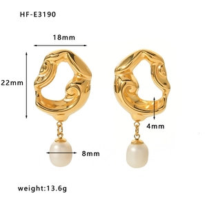 Vintage 18K gold plated stainless steel lava earrings with freshwater pearl drop pendants