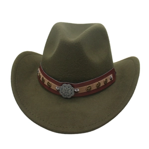 Olive green felt western cowboy hat with star studs and floral metal buckle decoration