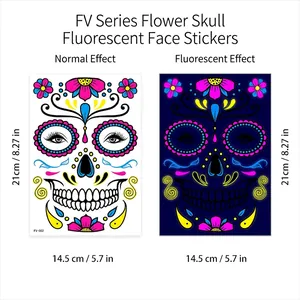 Detail of FV-002 floral skull tattoo sticker showing 21x14.5cm size and neon glow effect