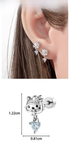 Detail showing dimensions of silver My Melody stud earring with blue heart zircon stone