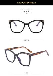 Detailed views of black cat-eye TR90 glasses frames with stylish tortoiseshell temples