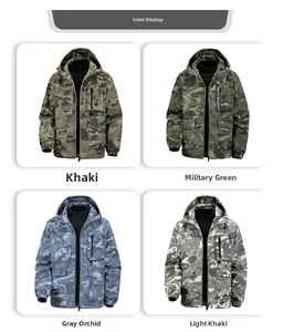 Collage of four men's camouflage jackets in khaki, military green, and gray orchid colors