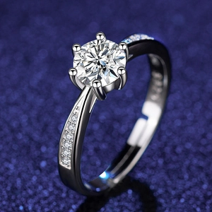 Detail view of S925 sterling silver ring with 6-prong moissanite and adjustable band