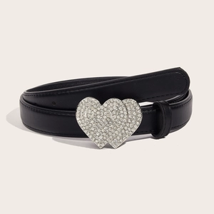 Vintage Women Artificial Leather Belt With Double Heart Rhinestone Buckle Fashion Decorative Waist Belt For Jeans
