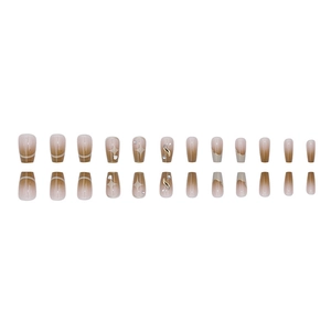 24pcs French gradient press-on nails with stars and 3D gold relief lines in cream brown