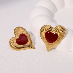 French vintage heart stud earrings in 18k gold-plated stainless steel with red enamel inlay