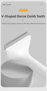 Detail of pet comb with V-shaped dense metal teeth and rounded safety tips for gentle grooming