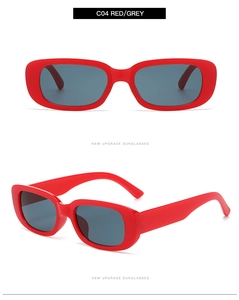 Front and 45-degree side view of trendy red rectangle sunglasses with dark grey lenses
