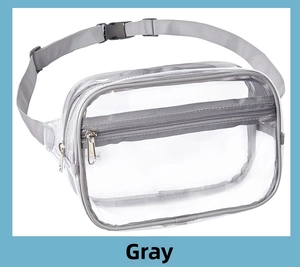 Detail view of transparent grey PVC waist bag showing waterproof zippers and adjustable strap