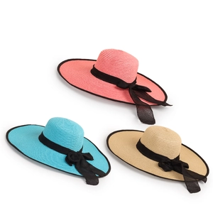 Summer wide brim straw sun hat set in pink, blue, and beige with black ribbon bow