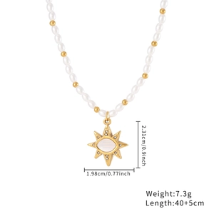 Detail showing gold sunburst pendant dimensions with pearl necklace and measurements