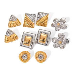 Vintage stainless steel geometric earring set with mixed gold and silver plated metal textures