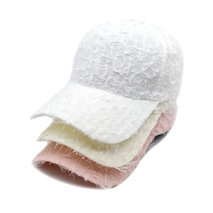 Breathable lace baseball caps for women in white, beige, and pink with frayed edge texture