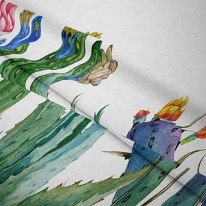 Macro detail of tropical cactus watercolor print on soft bohemian tapestry fabric