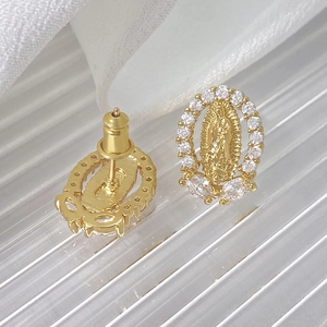 18K gold-plated Virgin Mary stud earrings with micro-inlaid cubic zirconia stones