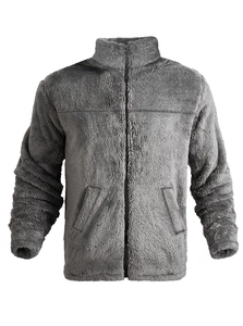 Close-up of a men's dark grey fleece jacket featuring a stand collar and full zipper closure