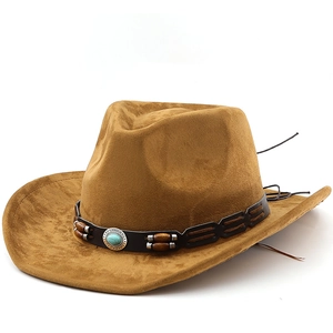 Western Cowboy Hat Faux Suede Wide Brim Retro Ethnic Style With Leather Band Turquoise Wood Beads For Men Women